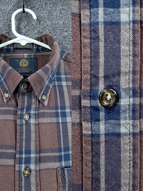 Viyella Other - Viyella Flannel Plaid Brown Blue Men Canada Large Button-Down Pocket Cotton Wool